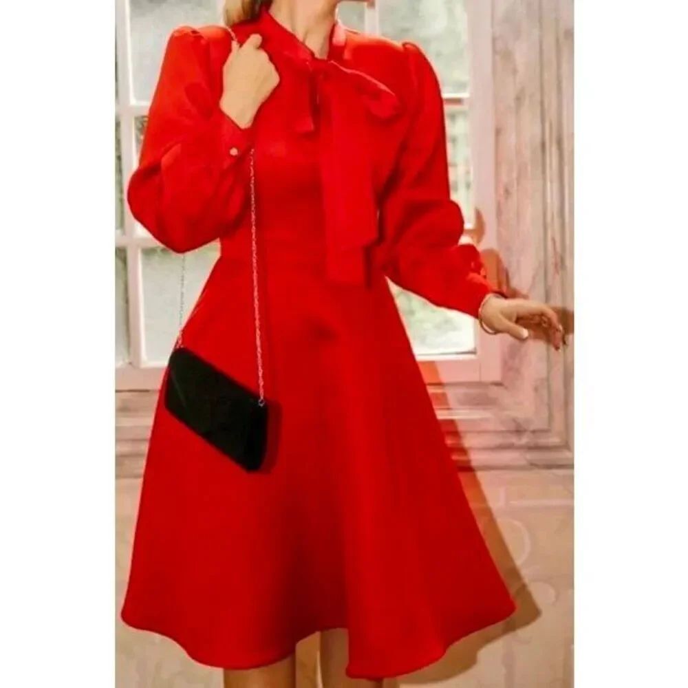 NWOT Ivy City Co Pipa Holiday Red Bow Tie Collar Fit & Flare Women's Dress XXS